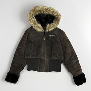 VTG Y2K Baby Phat BROWN Suede Leather Fur Hood Wolf Jaw Zip-up Cropped Jacket XL
